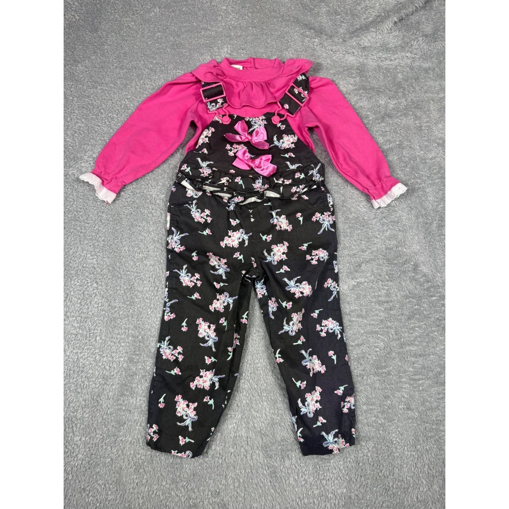 Happy Kids Overalls Set Toddler 3T Pink Floral Good Vintage Ruffle Bow Coquette